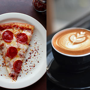 Images of a slice of pizza and cup of coffee