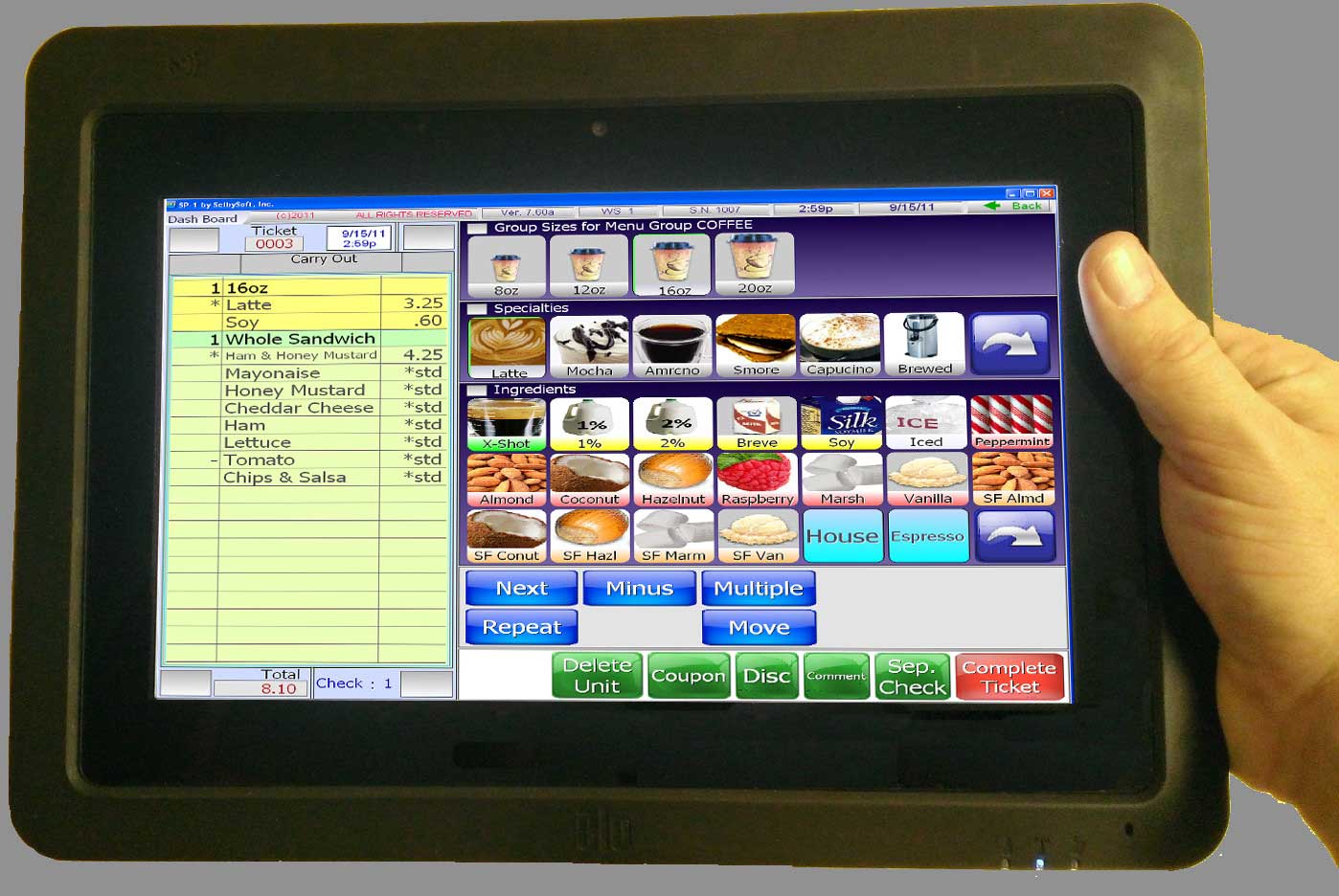 Hand holding line bustin tablet with SelbySoft loaded on it. 