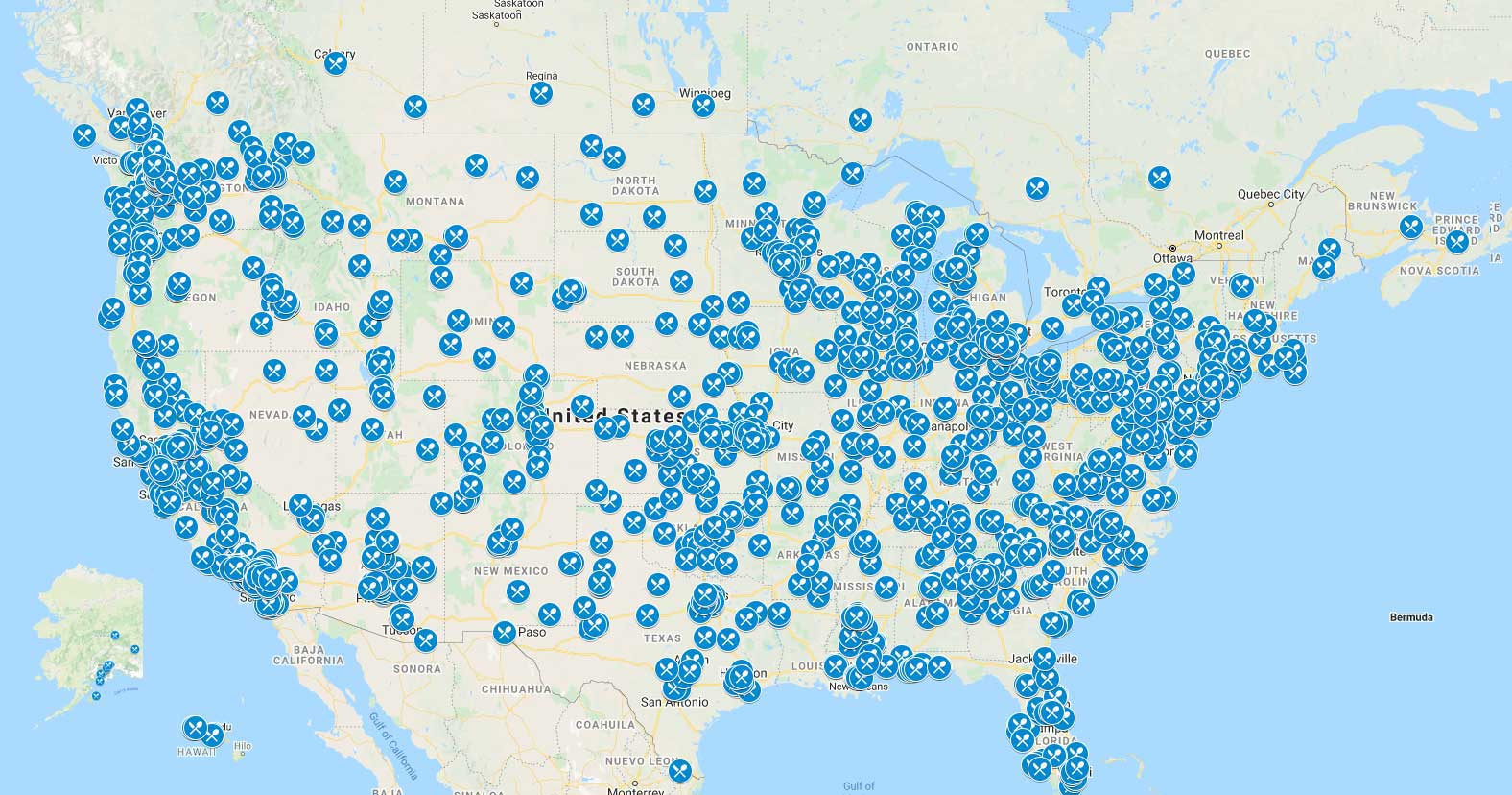 A map of the United States with customer locations